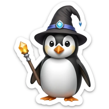 Penguin wearing a wizard hat and holding a magic wand sticker