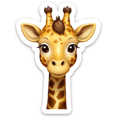 Cinematic Cute Giraffe Portrait Emoji, Head tilted playfully and inquisitively, featuring a glossy, patterned Fur of warm yellows and browns with delicate white spots, round, sparkling eyes filled with curious wonder, Simplified yet irresistibly adorable features, highly detailed, glowing with a warm, friendly glow, high shine, affectionate and gentle, stylized with a touch of savannah whimsy, bright and endearing, soft glowing outline, capturing the essence of a mischievous yet loving giraffe, so playful it feels like it could gallop out of the screen and into your arms! sticker
