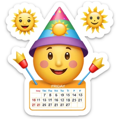 calendar showing Friday with party hat and sun, symbolizing 'Good morning and happy Friday, team!' celebration sticker