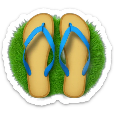 flip flops with grass all along the top of the footbed, with a blue strap and post sticker