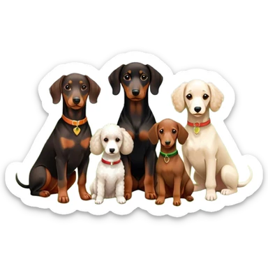Close-up of a Doberman Pinscher, a Dachshund and a Poodle sitting together on lush green grass. The background features a beautiful, serene nature view with rolling hills and bright blue skies. The dogs' sleek coats shine under the sun. Transparent background. sticker