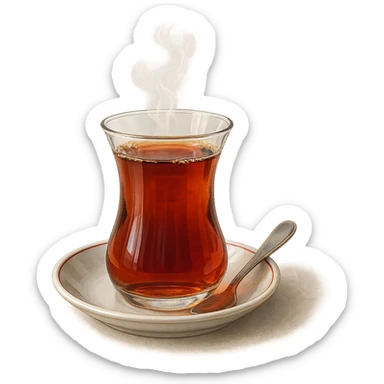 traditional Turkish tea glass with hot tea, tulip-shaped, on a small saucer, with a teaspoon, steam rising, iconic look, detailed, realistic sticker