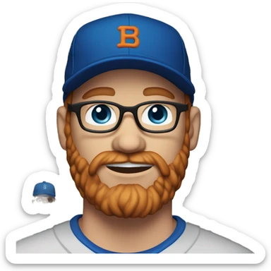 35 year old, male, short curly red hair, pale, thick beard, blue eyes, glasses, black shirt, blue baseball hat sticker