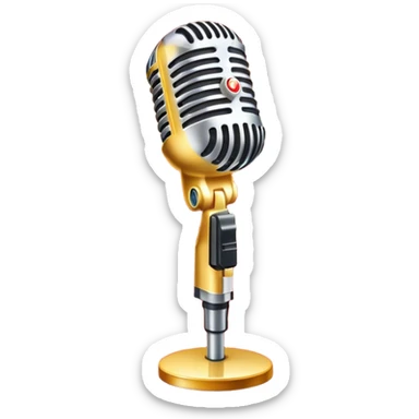 Create a glamorous and vibrant emoji that represents pop or stage vocal performance. The design should feature an iconic stage microphone with a sparkling, rhinestone-studded microphone stand, set on a red carpet leading to an empty stage with concert lighting. Include elements like a celebratory firework display in the background and a ribbon of musical notes flowing around the scene to symbolize the performance's energy. Use bright colors like gold, red, and silver to emphasize the excitement and glitz of the pop vocal world. The background should be transparent. sticker