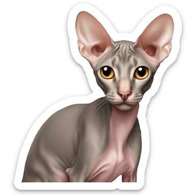 Realistická Peterbald mačka s nahou kožou, veľké uši čiernej farby, čierny nos, sfarbenie v siamskom štýle (svetlé telo s tmavšími končekmi labiek, uší a chvosta), svetlo modré oči, detailný a emotívny vzhľad.” sticker