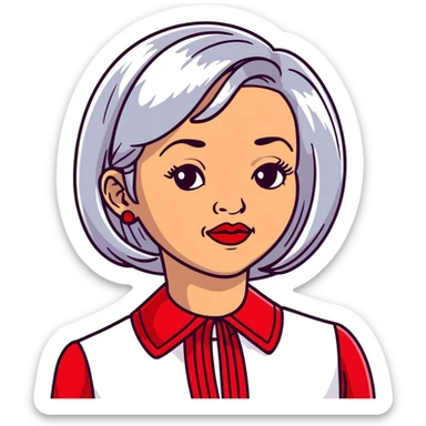 Elegant Hispanic senior woman, 70s, with silver bob haircut, bright complexion, marked cheekbones, almond-shaped hazel eyes, wearing red lipstick and a red structured collar blouse sticker