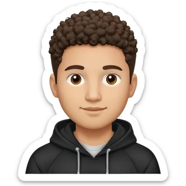 Latino man with light brown warm skin, round face, full cheeks, soft jaw, slight friendly smile, very short fade haircut, curly on top, medium eyebrows, medium eyes, straight nose, medium lips, black hoodie with white logo, practical and hardworking vibe sticker