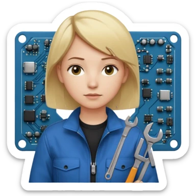 Calm and independent female engineer, fair skin, short straight blonde hair tucked behind the ears, neutral but focused expression, wearing a fitted blue utility jacket over a black crew-neck top, holding a small wrench in one hand and a circuit board in the other, waist-up, front-facing sticker