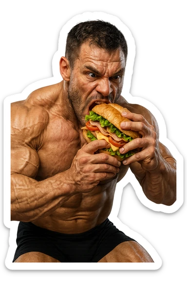 bodybuilder che mangia affamato un panino, iperrealistico 4k sticker