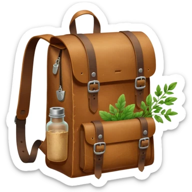 A sturdy, weathered leather backpack with metal-reinforced flaps. A rolled parchment and fresh herbs stick out from its pockets, while a small corked bottle rests at the front. It looks practical, rugged, and ready for any journey. sticker