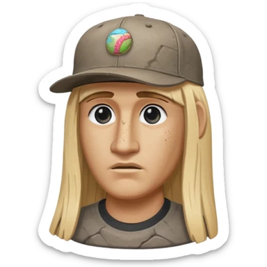 Easter island head rock with long blonde hair and a backwards baseball cap sticker