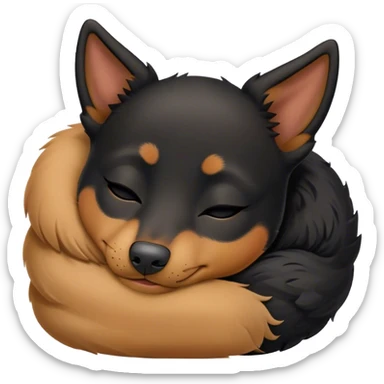 Meme-Worthy Cute Sleeping Black and Tan Kelpie Portrait Emoji, Head resting peacefully with a contented smile, showcasing a delightfully agile build and a luxuriously soft black and tan Fur, eyes shut in a serene nap, Simplified yet hilariously adorable features, highly detailed, glowing with a soft, drowsy light, high shine, relaxed and utterly lovable, stylized with an air of playful laziness, bright and heartwarming, soft glowing outline, capturing the essence of a comically sleepy herder, so meme-worthy it feels like it could instantly become the next viral sensation of adorable slumber! sticker