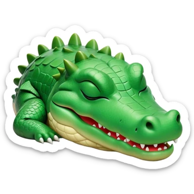 Meme-Worthy Cute Sleeping Crocodile Portrait Emoji, Head resting peacefully with a contented smile, showcasing a robust, powerful build and a luxuriously soft textured emerald-green hide, eyes shut in a serene, restful nap, Simplified yet hilariously adorable features, highly detailed, glowing with a soft, drowsy light, high shine, relaxed and utterly lovable, stylized with an air of playful laziness, bright and heartwarming, soft glowing outline, capturing the essence of a comically sleepy crocodile, so meme-worthy it feels like it could instantly become the next viral sensation of adorable reptilian slumber! sticker