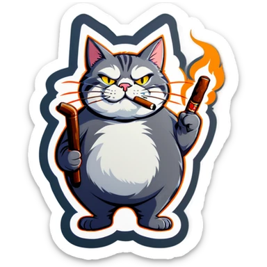 Fat grey cat with cigar sticker