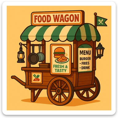 classic vintage food wagon made of wood with two large spoked wheels, pull handle, curved green and cream striped canopy, signboard reading 'Food Wagon' in bold red letters, slogan 'Fresh & Tasty', menu 'Burger – Fries – Drink', signboard with illustrations of burger and plate of food, utensils like frying pan and pot hanging from frame, black lantern at rear, small green flag with crossed fork and knife icons at front, warm inviting style with smooth lines and soft colors, blending classic charm and modern food service sticker