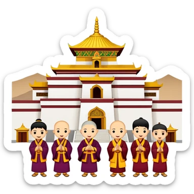 Lhasa Jokhang Temple Tibet with pilgrims, simplified emoji style with bold outlines and bright colors, cartoon style golden roof temple sticker