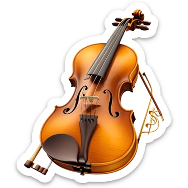 Create a sophisticated and detailed emoji representing the 'Macdonald' viola by Antonio Stradivari. The design should feature a beautifully crafted viola with visible fine details, including the scroll, f-holes, and rich wood texture. Add subtle elements like a bow resting on the strings and musical notes to evoke the instrument’s classical nature. Use rich, warm colors like golden brown, amber, and subtle hints of gold to reflect the luxury and craftsmanship of Stradivari's work. The background should be transparent. sticker