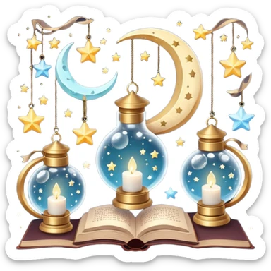  crescent moons, stars with ribbons, tiny clouds, crystal bottles, cozy mugs, mini lanterns, and floating books. Smooth textures, soft magical lighting, realistic shadows, very detailed, high-resolution, dreamy and enchanting aesthetic, super cute and charming." sticker