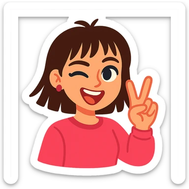 playful female character with features similar to Russian singer Dora, smiling, winking, making V sign, Telegram sticker style, no contour outline sticker