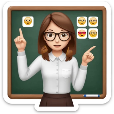 Make an emoji of a girl with brown hair who is teaching how to make emojis on a board pointing to the board like a teacher sticker