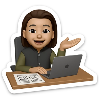 Edit the image to show the woman sitting in an office environment creating design mockups. Include a laptop and design sketches on the desk. Keep the same style as the original image. Make the background transparent. sticker