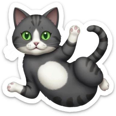 solid dark grey cat with green eyes, white toes/paws and white patch on her chest playfully rolling upside down sticker