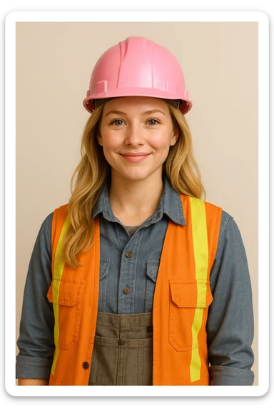 blonde girl construction worker wearing a pink helmet, friendly expression, construction attire, simple background sticker
