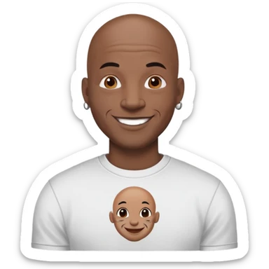 bald black man with bold full face tattoos, happy face, wearing a t-shirt sticker