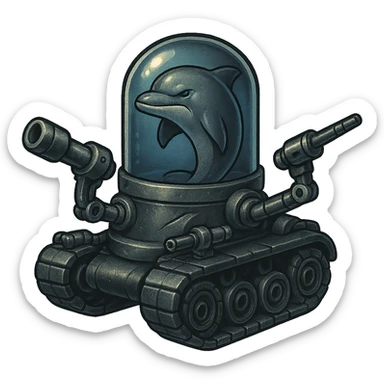 Create a retro sticker style image of a dolphin in a water tank mounted on tank treads, with robotic arms equipped with ranged weapons. The dolphin and tank should look very menacing with a gritty metallic look. The water in the tank is always blue. No border around the image. sticker