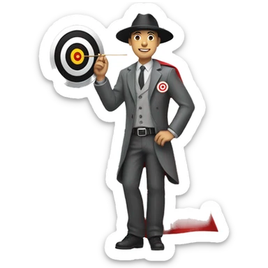 man with grey shirt and black pants and grey hat with Target bullseye on it, and a red cape sticker