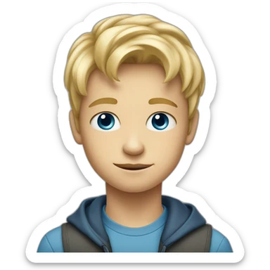 13y old blond boy with blue eyes, Hair forward so that it sits straight flat across his forehead to just before his eyebrows sticker