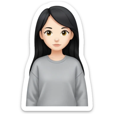 full-body female avatar, flat vector, long black hair, oversized sweatshirt, neutral background sticker