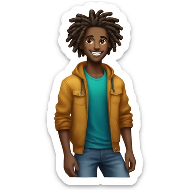 A young African-American male with short, thick dreadlocks and a friendly, confident smile. He has a slim but toned build and radiates a vibrant, approachable energy. His style combines casual streetwear with bold, trendy touches sticker