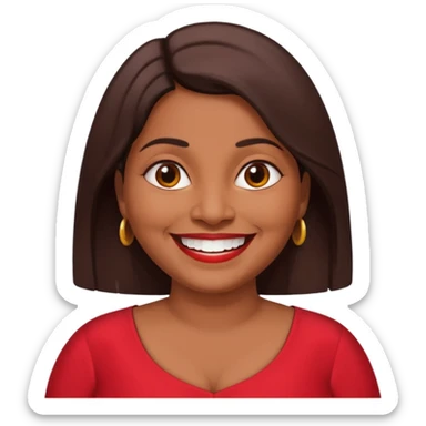 50 yr old chubby Sri Lankan woman, dark skin, straight brown hair, big smile, white teeth, red dress clothes, shoulder length hair sticker