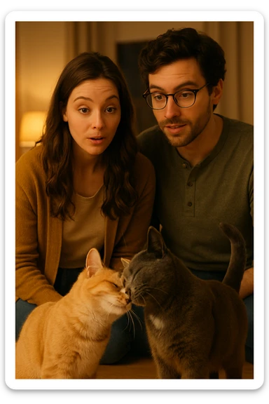 Vertical format: A man and woman observing two cats affectionately rubbing against each other, the couple appears curious and inspired, domestic environment, warm light. sticker