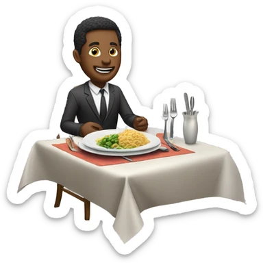 man at dinner table with cuttlery in his hands, money on the plate sticker