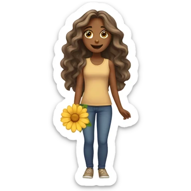 Tan girl with wavy long hair holding a flower sticker