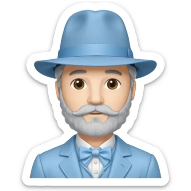 Man wearing a powder blue 1970s ruffle suit with bell bottoms, he has a powder blue fedora and a dark grey beard that comes to a point sticker
