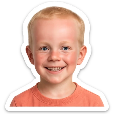 blonde-haired, blue-eyed young boy, big forehead, smiling, pale skin with subtle red flush from tanning bed sticker