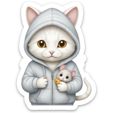 white hacker cat with a hoodie and a mouse sticker