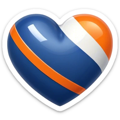 Glossy, sporty dark blue heart with diagonal white and orange athletic stripes going down one side sticker