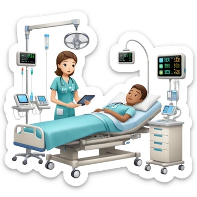 Hospital sleep laboratory room with patient in hospital bed connected to sleep monitoring equipment, nurse checking vitals, medical charts, and hospital IV stand sticker