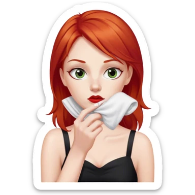 a woman with red hair and red eyes sniffing a white sock. The woman wear a black  dress sticker