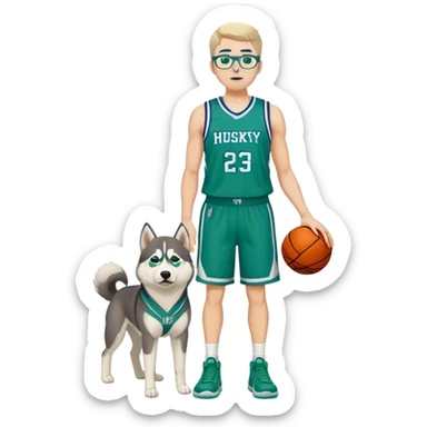 full body husky tall white male basketball wearing glasses in blue an green uniform sticker