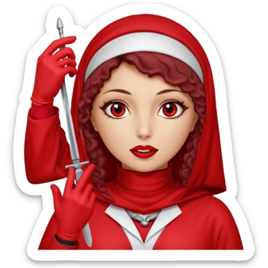 Lilith scalpel in hand, evil surgeon outfit.  She has red eyes. She has dark brown curly hair. Hair is long . Wears sexy doctor outfit with red gloves. Cover, neck and mouth with Muslim red burka sticker