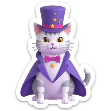 A magician cat in a top hat, a bowtie and a purple cape with stars sticker