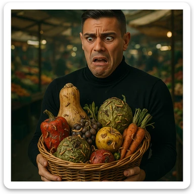 Create a realistic or semi-realistic style image of a 30-year-old man inspired by the reference image, holding a basket of fruits and vegetables. The man has a shocked or disgusted expression. The produce has visible worms, larvae, and insects. The background is a market. Focus on textures and a health risk atmosphere. sticker