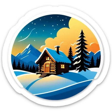 Eine Hütte im Wald mit einer Glaskuppel auf dem Dach, Winterlandschaft, Schnee und Nordlichter am Himmel sticker