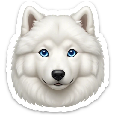 Cinematic Noble Samoyed Portrait Emoji, Poised and regal, with a majestic, sturdy build and a luxuriously fluffy pure white Fur, deep-set soulful blue eyes, Simplified yet sharp and sophisticated features, highly detailed, glowing with a soft, dignified glow, high shine, intelligent and gentle, stylized with an air of elegance, focused and attentive, soft glowing outline, capturing the essence of a watchful and confident companion, so majestic it feels as though it could bound out of the screen with effortless authority! sticker