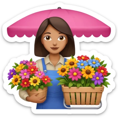 Shopper with flower bouquet,Farmers’ Market, background Flowers cart, market. sticker